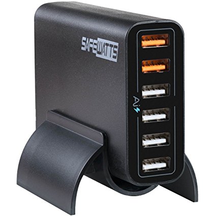 6-Port Multiple USB Charger by Safewatts (Black) – Cell Phone Charger for Apple iPhone 6, Samsung Galaxy S7, Smartphones, Tablets, Mobile Devices – Adaptive USB Wall Charger with Quick Charge 2.0