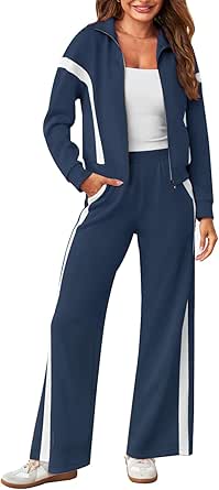 MEROKEETY Women's 2 Piece Outfits Color Block Sweatsuit Zip Up Sweatshirt Wide Leg Sweatpant Tracksuit Lounge Travel Set