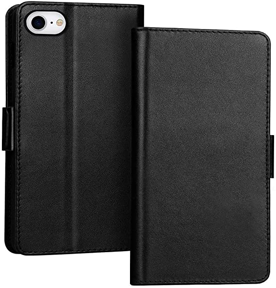 FYY Case for iPhone SE 2020, iPhone 7/8 4.7", Luxury [Cowhide Genuine Leather][RFID Blocking] Wallet Case Cover with [Kickstand Function] and[Card Slots] for iPhone SE 2020, iPhone 7/8 4.7" Black