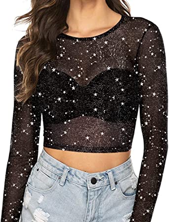 MANGOPOP Women's Short Sleeve Long Sleeve Sheer Mesh Crop Tops Tee Shirt Blouse