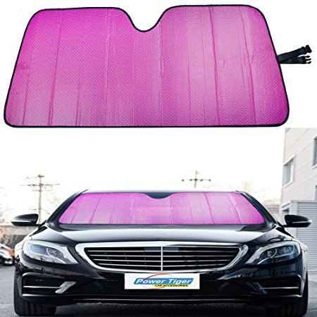 Multifunction Car Windshield Sun Shade Snow Cover Waterproof Plus Thick Fits Most Car 57.9x26.8inch for All Season Visor Protector Awning Shade Large Foldable UV Reflector Pink PowerTiger