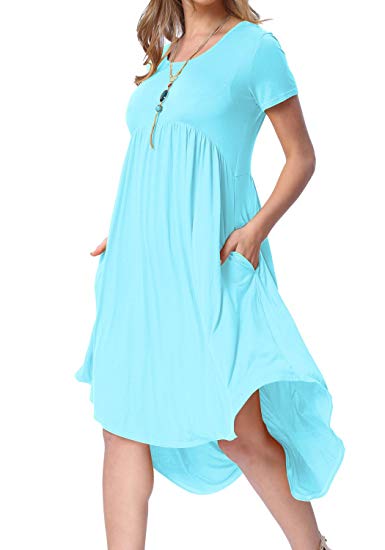 levaca Women's Scoop Neck Pockets High Low Pleated Loose Swing Casual Midi Dress