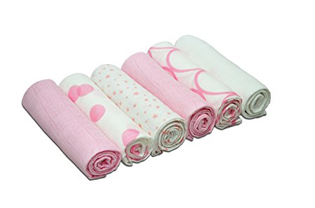 Cuddles Collection Printed Muslin Squares (6 Pack, Pink/ White)