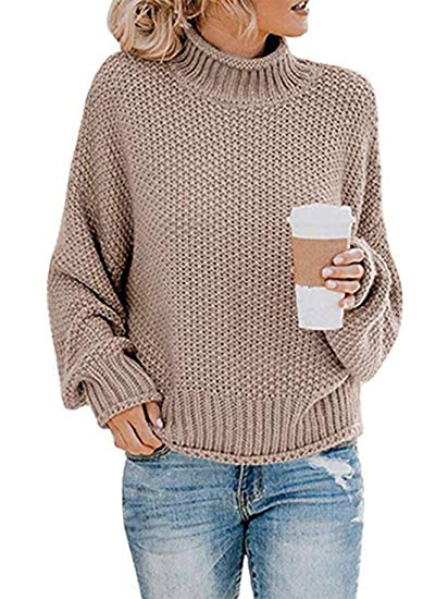 CharmYee Womens Turtleneck Color Block Oversized Crew Neck Striped Batwing Casual Long Sleeve Loose Knit Sweater Pullover