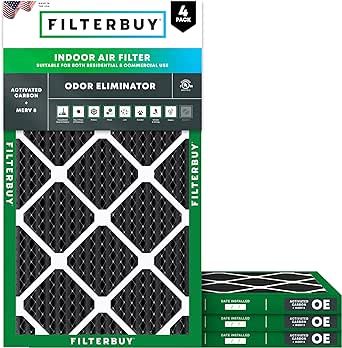 Filterbuy 16x30x1 Air Filter MERV 8 Odor Eliminator (4-Pack), Pleated HVAC AC Furnace Air Filters Replacement with Activated Carbon (Actual Size: 15.63 x 29.63 x 0.75 Inches)