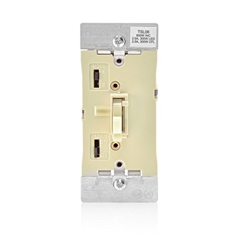 Leviton TSL06-1LI Toggle Slide Universal Dimmer, 300W Dimmable LED & CFL, 600W Incandescent & Halogen For Single Pole Or 3-Way, with Locator Light, Ivory