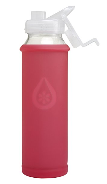 Eveau Glass Water Bottle with Bumperguard Silicone Sleeve, Wide Mouth Opening, Flip Top, 21 Ounce/630 ml Capacity
