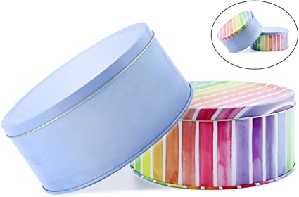 Cornucopia Cookie Tins (Set of 2, Blue and Rainbow); Round Baking and Cake Tins for Easter, Special Occasion and Holidays, 7.75-Inch Wide by 3.6-Inch Tall