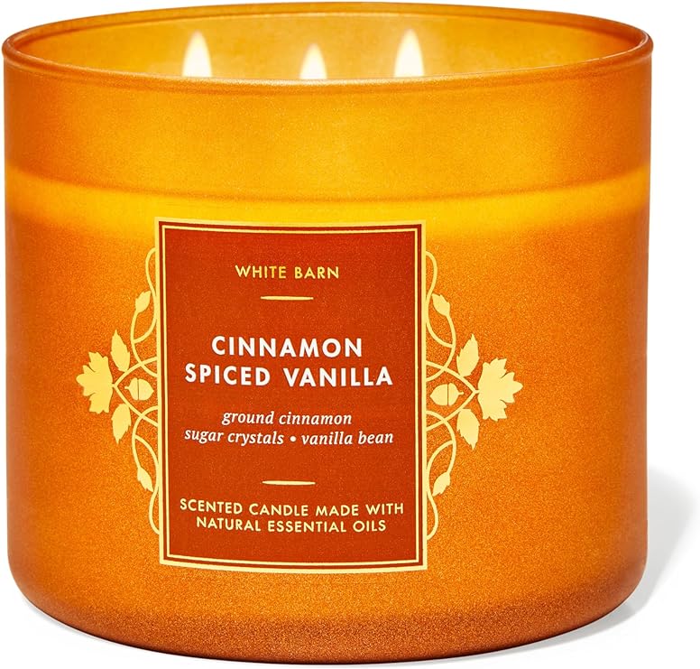 Bath and Body Works, White Barn 3-Wick Candle w/Essential Oils - 14.5 oz - 2021 Core Scents! (Cinnamon Spiced Vanilla)