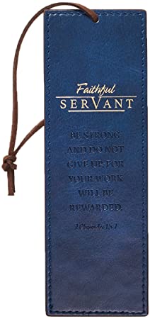 Christian Art Gifts Navy Blue Faux Leather Bookmark | Faithful Servant Bible Verse Inspirational Bookmark for Men and Women w/Cord Tassel