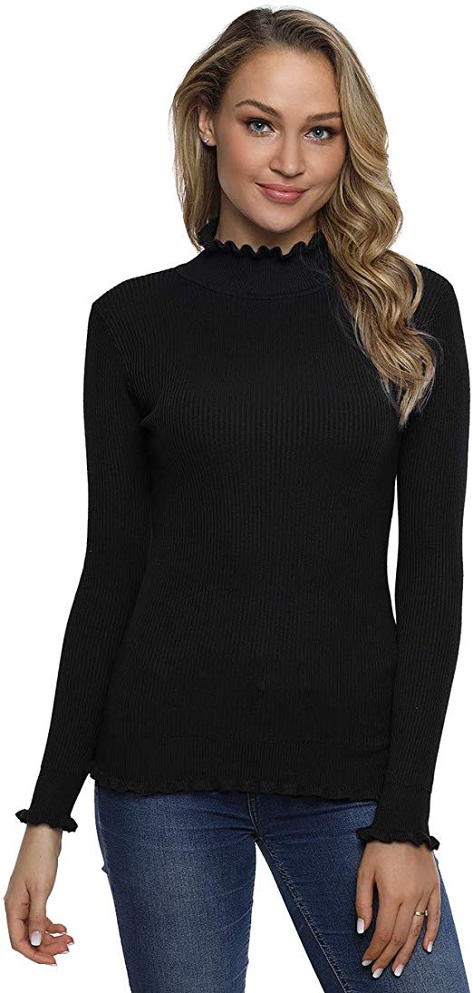 Lynz Pure Women's Mock Neck Sweater Slim Fit Ruffle Trim Ribbed Knit Pullover Tops