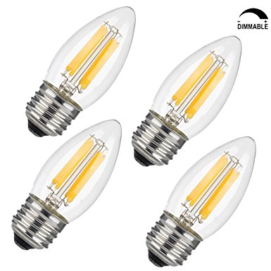 YUSHI LED Chandelier Filament Bulb,E26-Dimmable-6Watt 60W Equal,Blunt Tip C35 2700K Warm Light,4-Pack ¡­