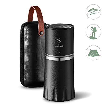 Portable Coffee Grinder Set,Soulhand Manual Coffee Grinder with Adjustable Ceramic Burr and Foldable Hand Crank, All –in-One Coffee Maker for Travel Camping Working Office (with Storage bag -Black）