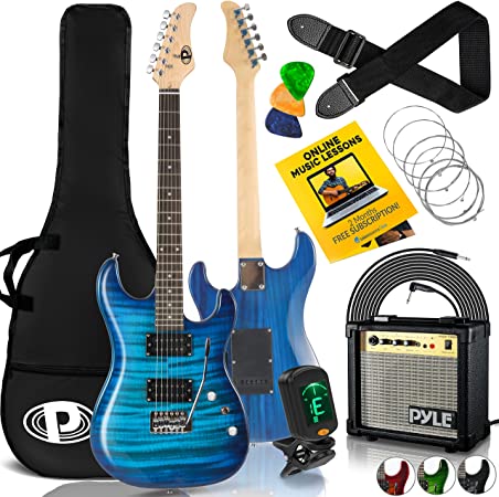 Pyle Electric Guitar and Amp Kit - Full Size Instrument w/Humbucker Pickups Bundle Beginner Starter Package Includes Amplifier, Case, Strap, Tuner, Pick, Strings, Cable, Tremolo - (Blue)