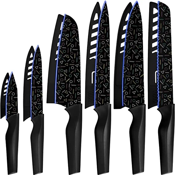 Knife Set, Astercook 12 Pcs Colorful Geometric Pattern Kitchen Knife Set, 6 Stainless Steel Kitchen Knives with 6 Blade Guards, Dishwasher Safe, Black