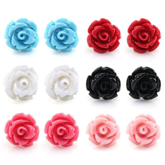 Handcrafted Resin Color Simulated Coral Rose Flower Earring Studs, Hypoallergenic Stainless Steel