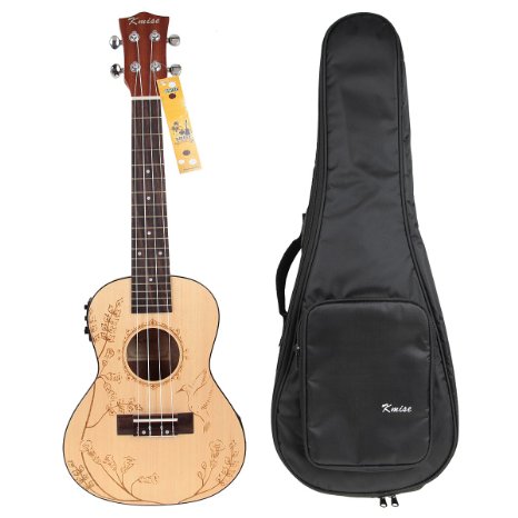 Kmise Solid Spruce Ukulele 24 inch Electro-Acoustic Concert Ukulele Hawaii Guitar w/Double-shouler Bag