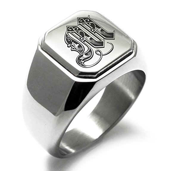 Stainless Steel Letter M Alphabet Initial Royal Monogram Engraved Square Flat Top Biker Style Polished Ring