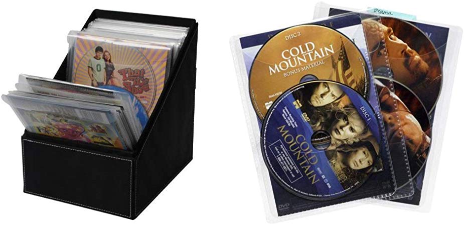 Atlantic Media Sleeve Storage Bin - Leatherette Front, Quality Stitching and includes 36 Sleeves & 25 Pack Movie Sleeves - Clear Sleeve hold two discs each, Protects Discs Against Scratches and Dust