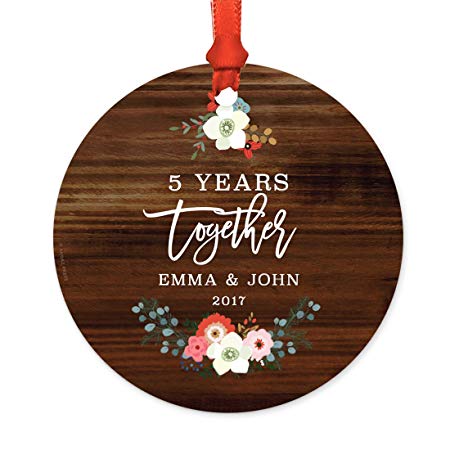 Andaz Press Personalized Wedding Anniversary Metal Christmas Ornament, 5 Years Together, Emma & John 2018, Rustic Wood Florals, 1-Pack, Includes Ribbon and Gift Bag, Custom Name
