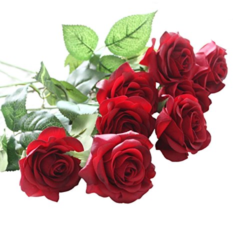 10 Pcs Real Touch Silk Artificial Rose Flowers Silk Gluing PU Fake Flower Home Decorations for Wedding Party Birthday Garden Bridal Bouquet Flower Saint Valentine's Day Gifts(Bright Red)