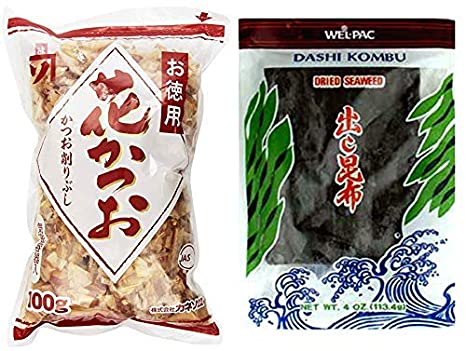 1 Bonito Flakes & 1 Dashi Kombu (2 Item bundle) Dried Seaweed Wel-pac (Kelp) 4.0z | Kaneso Tokuyou Hanakatsuo, Japanese katsuobushi (Fish Flakes) 100g| Use to enhance the flavor of soup or stew