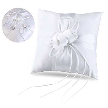 Tinksky Ring Bearer Pillow Flower Buds Faux Pearls Decor Wedding Ring Pillow with Ribbons 10 Inch10 Inch (Pure White)