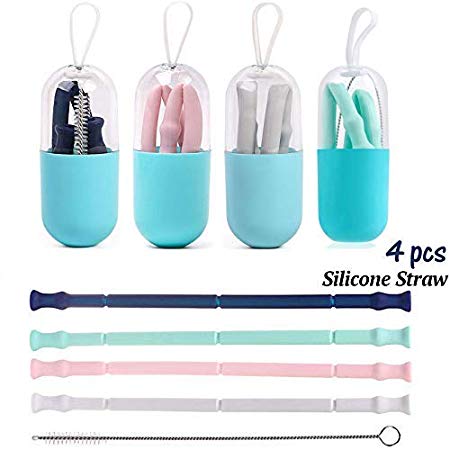 Alink Reusable Silicone Drinking Straws - Collapsible Straws for 20 oz Yeti/Rtic/Ozark for Kids & Adult, BPA Free,Food Grade Material with Cleaning Brush(4 Color)