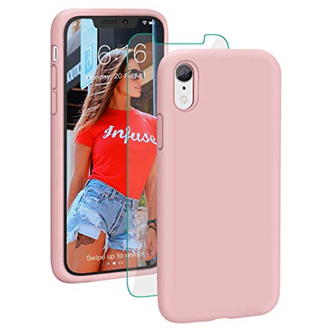 ProBien Case for iPhone XR, Silicone Gel Rubber Shockproof Shell with Free Tempered Screen Protector for New iPhone XR 2018 (6.1")-Sand Pink