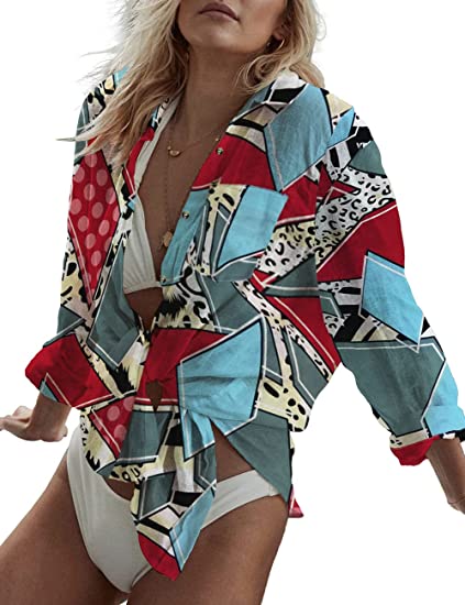 Bsubseach Women Long Sleeve Beach Shirt Blouses Bathing Suit Cover Up Button Down Collar