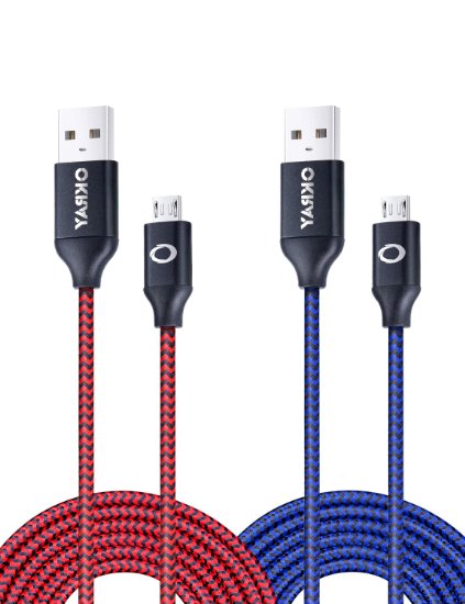 OKRAY 2 Pack 10ft / 3m Durable Nylon Braided Tangle-Free Micro 2.0 USB Charging Cable Charge Cord with Aluminum Connectors for Android, Samsung, HTC, Nokia, Sony, Nexus, LG, and More (Blue Red)