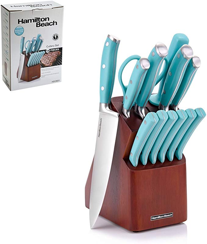 Hamilton Beach HDO601 14 Piece Cutlery Wood Block, Teal Handles, Stainless Steel Knife Set, Blue