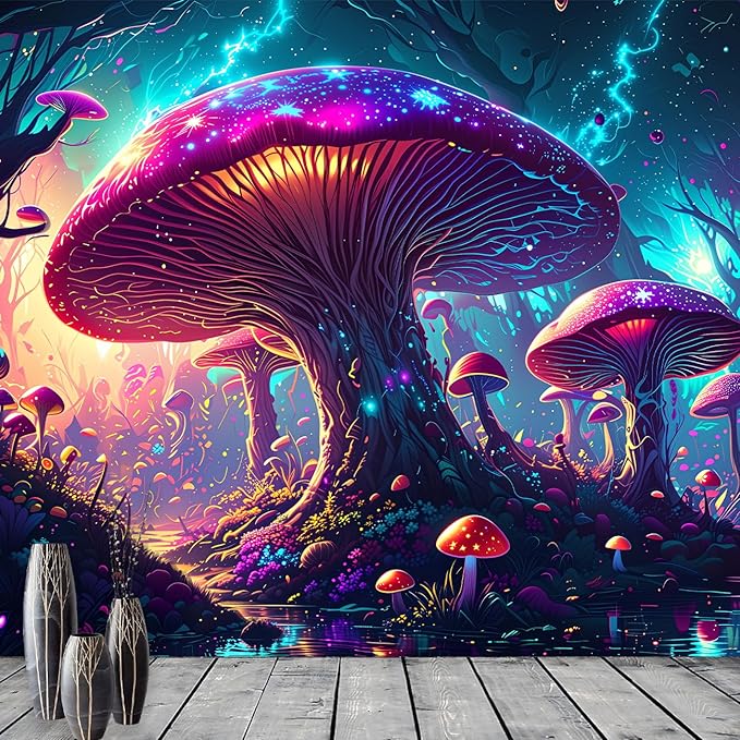 vavalad Rainbow Mushroom Tapestry Fantasy Plant Black Light Tapestry in Dark Mushroom Tapestry Reaction Moon Tapestry Poster Wall Hanging Bedroom