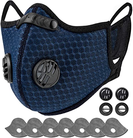 AstroAI Face Mask with Filters - Reusable Washable Adjustable Face Mask for Running, Cycling, Outdoor Activities(1 Mask   7 Activated Carbon Filters   7 Nose Pads   4 Vent Valves Included), Blue