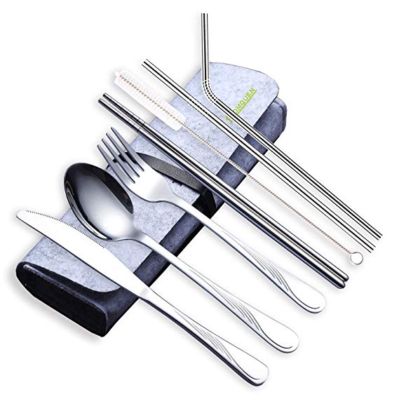 HOMQUEN Portable Utensils,Travel Camping Cutlery Set,Stainless Steel Silverware Set,Include Knive/Fork/Spoon/Chopsticks/Straws/Brush/Portable Case(Silver-8 Piece)