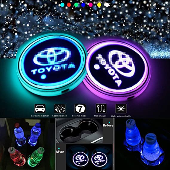 VILLSION 2PCS Wireless Cup Holder Car Coaster LED Light 7 Colors USB Charging Bottle Mat Pad Drink Holder for Car LED Interior Decoration Accessories (Choose Your Car Name)