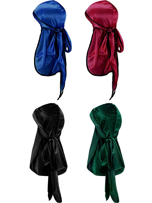 Tatuo 2 Pieces Velvet Durag and 2 Pieces Silky Soft Durag Cap Headwraps with Long Tail and Wide Straps for 360 Waves