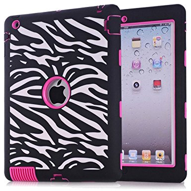 iPad 2 / 3 / 4 Case, Hocase Rugged Shock Absorbent Double Layer Hard Rubber Protective Case Cover with Stylus for Apple iPad 2nd / 3rd / 4th Generation Retina - Zebra Print / Deep Pink