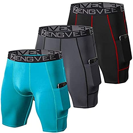 ZENGVEE Men's 3 Pack Compression Shorts Cool Dry Running Base Layer Shorts with Phone Pockets for Running,Training, Workout, Gym