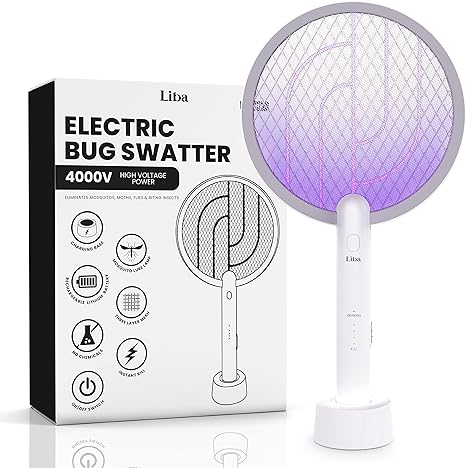 LiBa Electric Fly Swatter Racket, 2 in 1 Electric Bug Zapper USB Rechargeable, 4000V Indoor Outdoor Mosquito Zapper with 5 Layer Safety Mesh, Cordless Insect Killer Trap Home Office Camping Patio