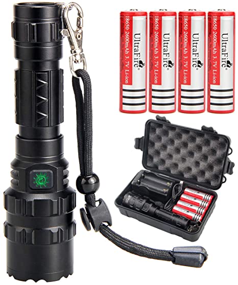 UltraFire 18650 Tactical Flashlight with 4PCS UFB26 3.7V Protected 2600mAh 18650 Rechargeable Battery and Charger, 5 Modes and 1000 Lumens USB Flashlight
