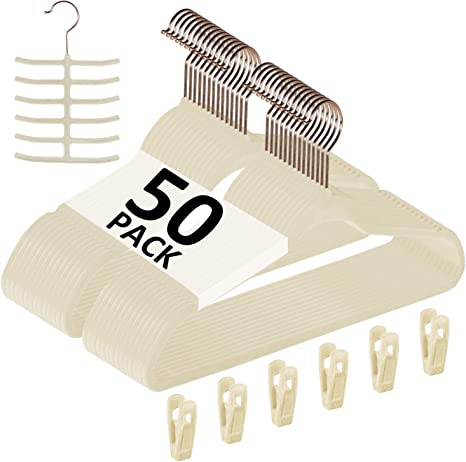 VECELO Premium Velvet Suit Hangers Heavy Duty (50 Pack) - Non Slip & Space-Saving Clothes Hangers with 6 Finger Clips and Tie Rack Excellent for Men and Women (Beige)