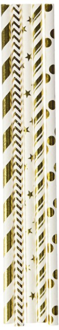 Outee 125 PCS Gold and White Paper Straws with Star Strip Dot Wave Pattern for Party