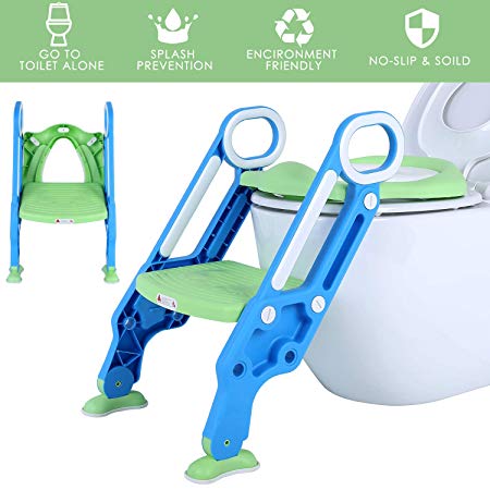 Toilet Ladder Potty Shelf Stool,Foldable Training Soft Seat for Kids, Adjustable Footrest, with Non-Slip Steps & Anti-Slip Pads Potty Step for Baby, Toddlers and Child, Blue and Green