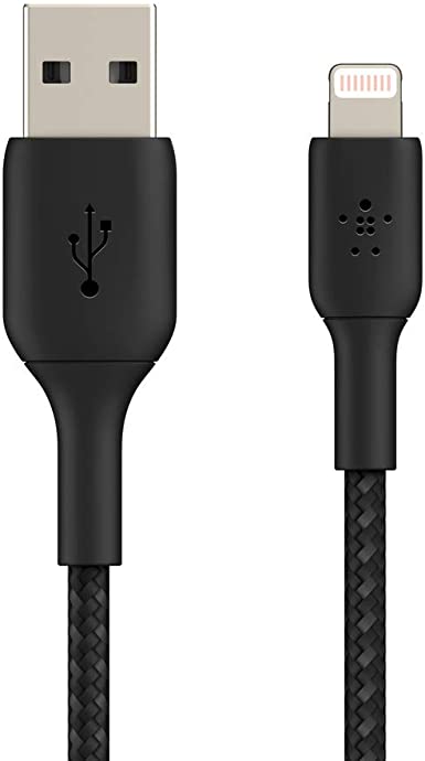 Belkin Braided Lightning Cable (Boost Charge Lightning to USB Cable for iPhone, iPad, AirPods) MFi-Certified iPhone Charging Cable, Braided Lightning Cable, 6.5ft/2m, Black (CAA002bt2MBK)