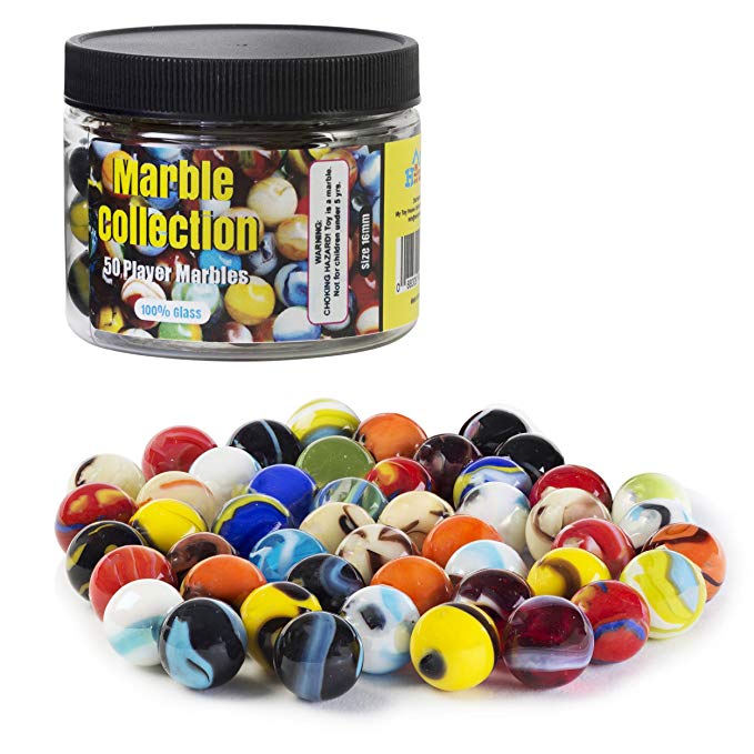 Player Glass Marbles with Marble Jar For Storage, Set of 50, 16mm, Assorted Colors