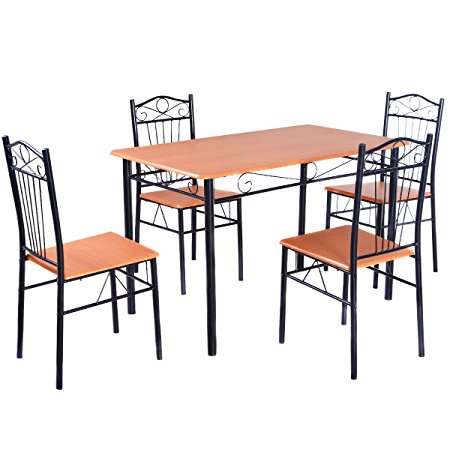 Tangkula Steel Frame Dining Set Table and Chairs Kitchen Modern Furniture Bistro Wood