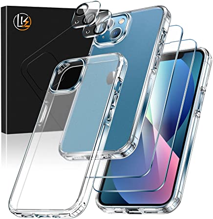 [5-in-1] LK for iPhone 13 Case, with 2 Pack Tempered Glass Screen Protector   2 Pack Camera Lens Protector, Matte-Finish, All-Round Protection, Shockproof, Anti-Scratches Kit for 13 Case, Matte Clear