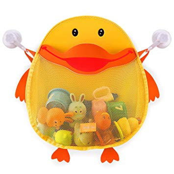 Safe&Care Bath Toy Organizer, Baby Bath Toy Storage Mesh Net Extra Large Storage for Toddler Bath Toys Quick Dry Cute Yellow Duck with Two Heavy Duty Suction Cups