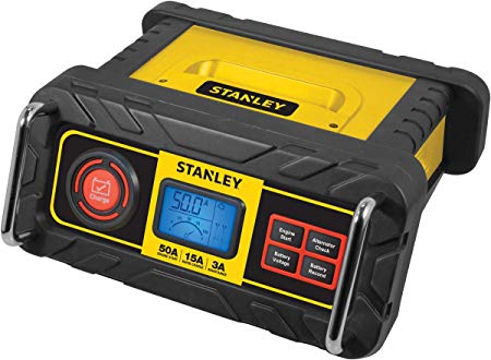 STANLEY BC50BS Fully Automatic 15 Amp 12V Bench Battery Charger/Maintainer with 50A Engine Start, Alternator Check, Cable Clamps